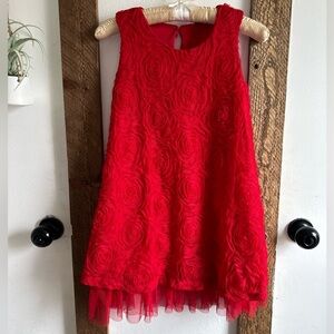 KnitWorks LOS Angeles Boutique Girls Red Rose Lace Silk Layered Dress